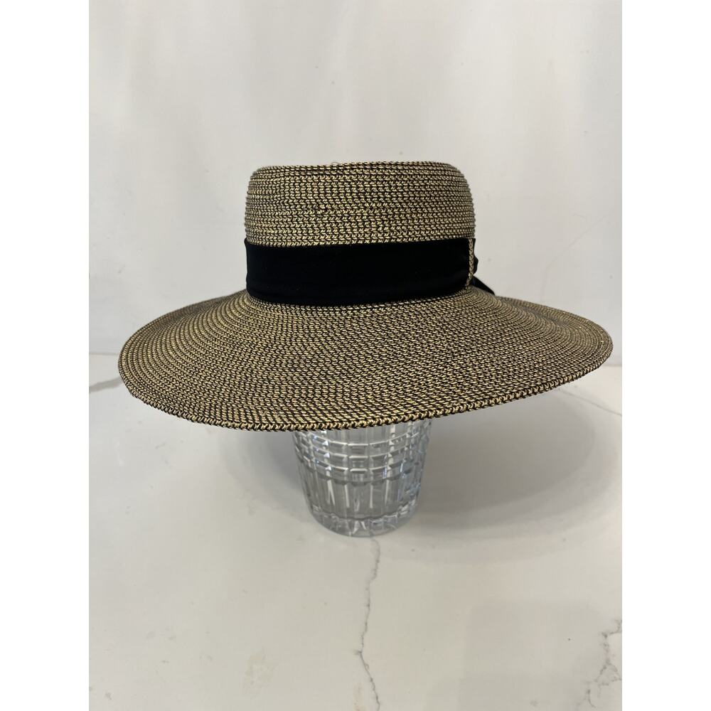 Sun n Sand Womens Straw Sun Hat 7.25 Band Wide Brim Gold Black Ribbon Bow Beach